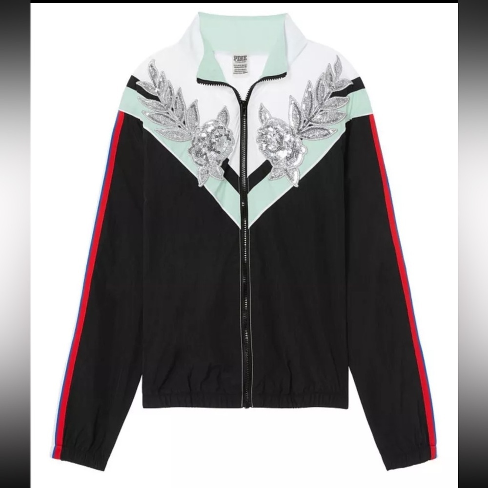 Victorias Secret Pink Bling Rose Floral Perfect Full Zip Anorak Jacket Black M/L